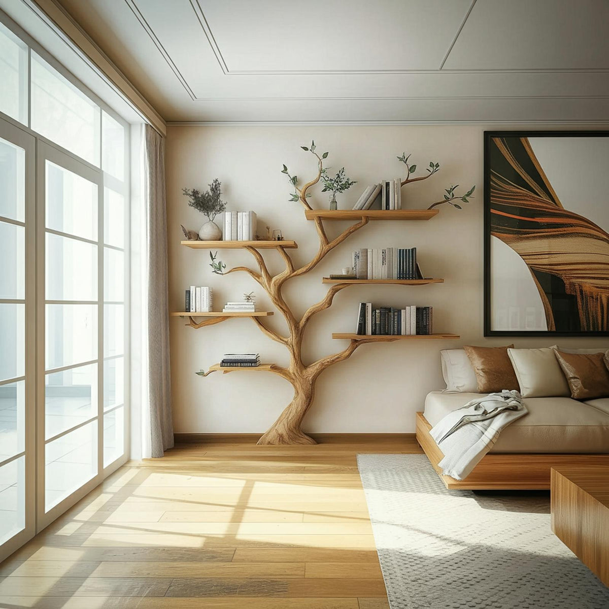 Rustic Nature Inspired Wood Branch Bookshelf, Handcrafted Floating Wall Mounted Bookcase Storage for Bedroom Decor