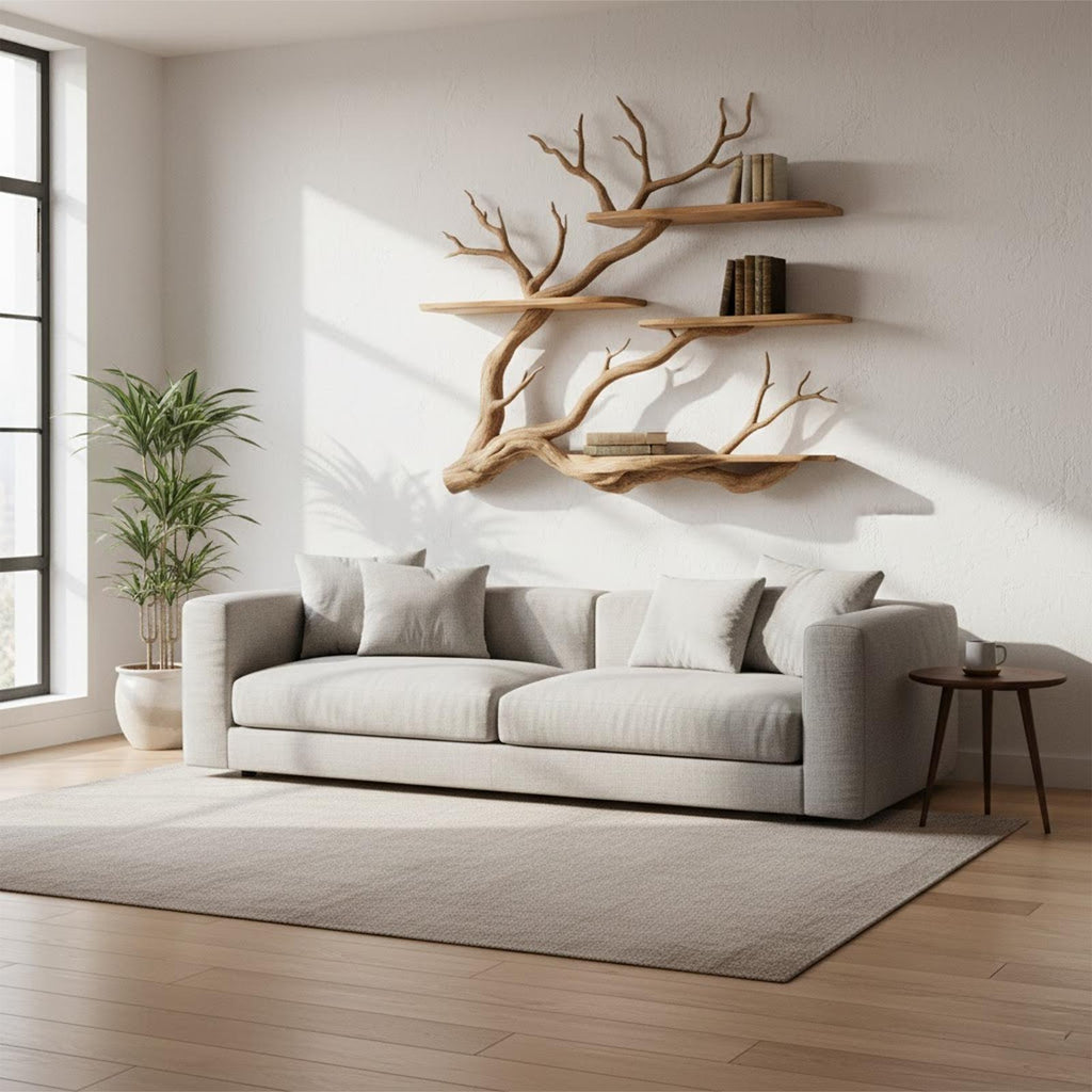Nature Inspired Floating Wall Shelf, Handcrafted Tree Branch Wooden Bookshelf for Reading Room, Bedroom & Study