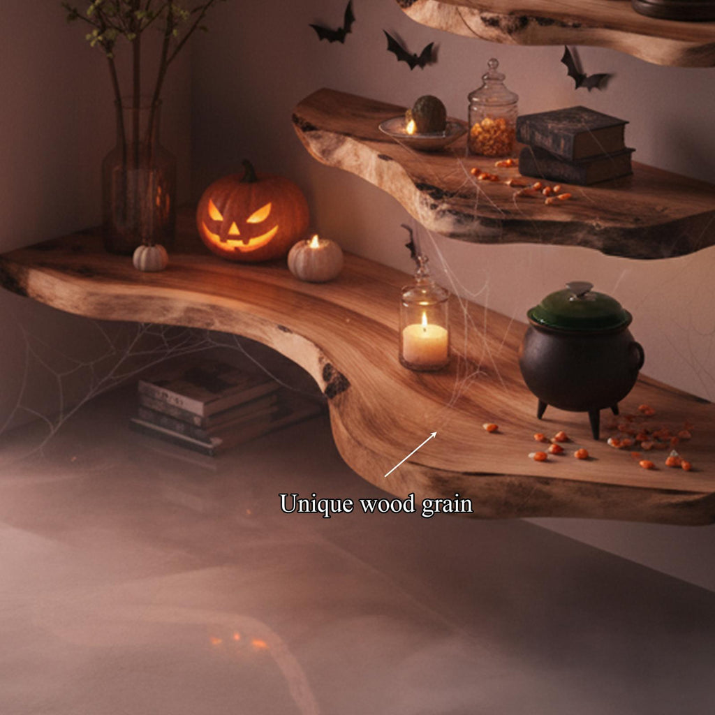 Mid Century Halloween Floating Shelf Natural Wood Wall Decor