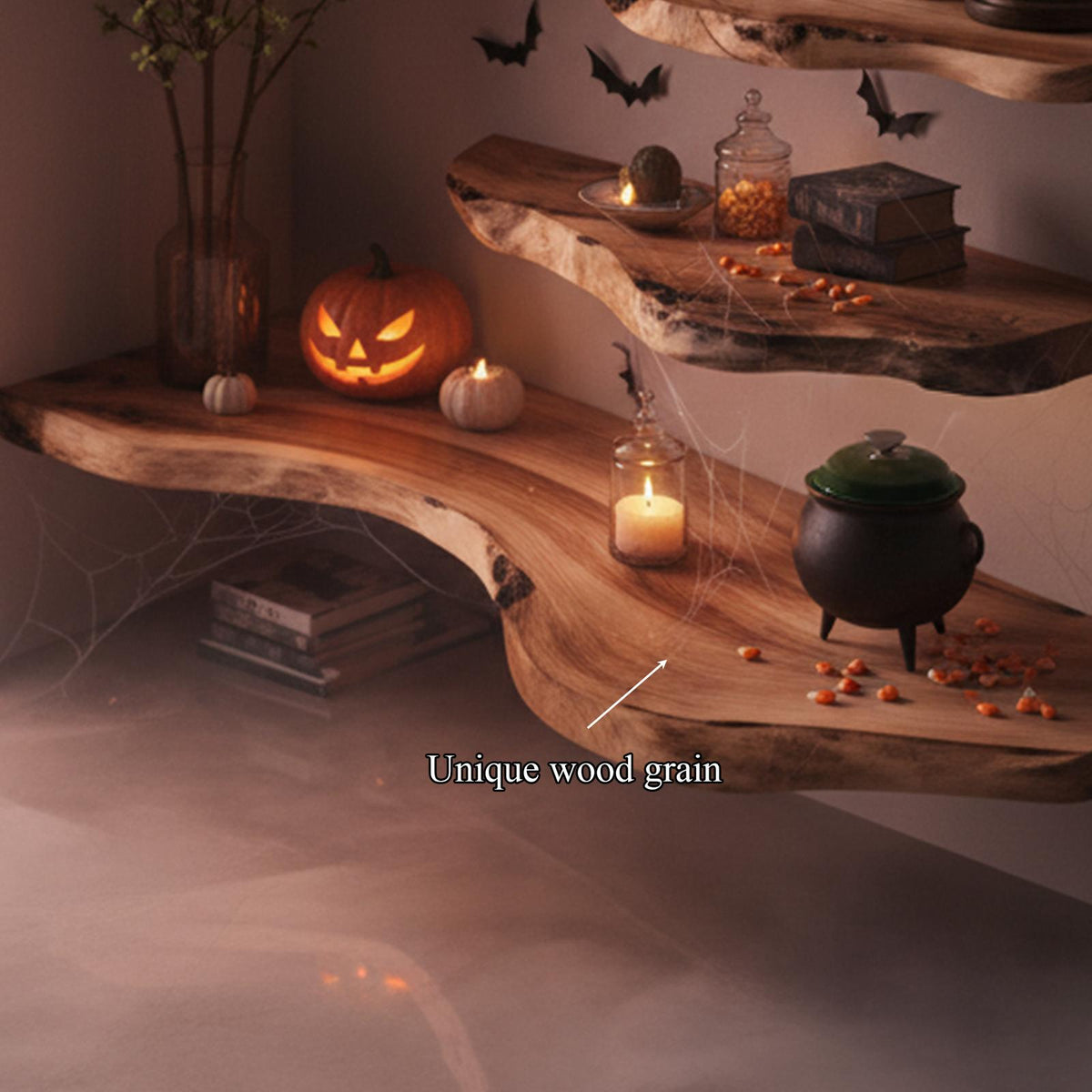 Mid Century Halloween Floating Shelf Natural Wood Wall Decor