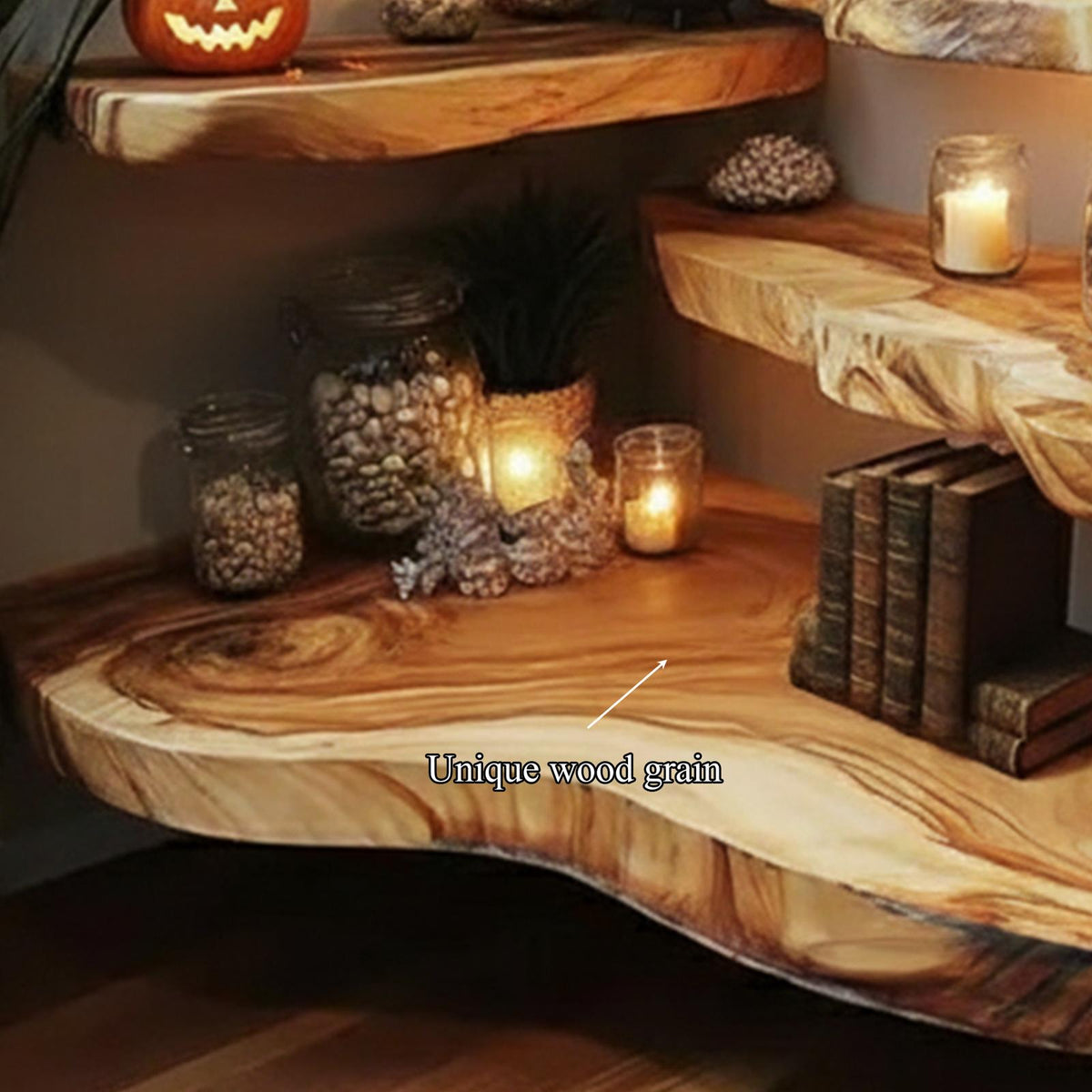 Rustic Farmhouse Floating Wall Shelf, Wooden Tree Branch Wall Shelf, Spooky Halloween & Goth Living Room Display