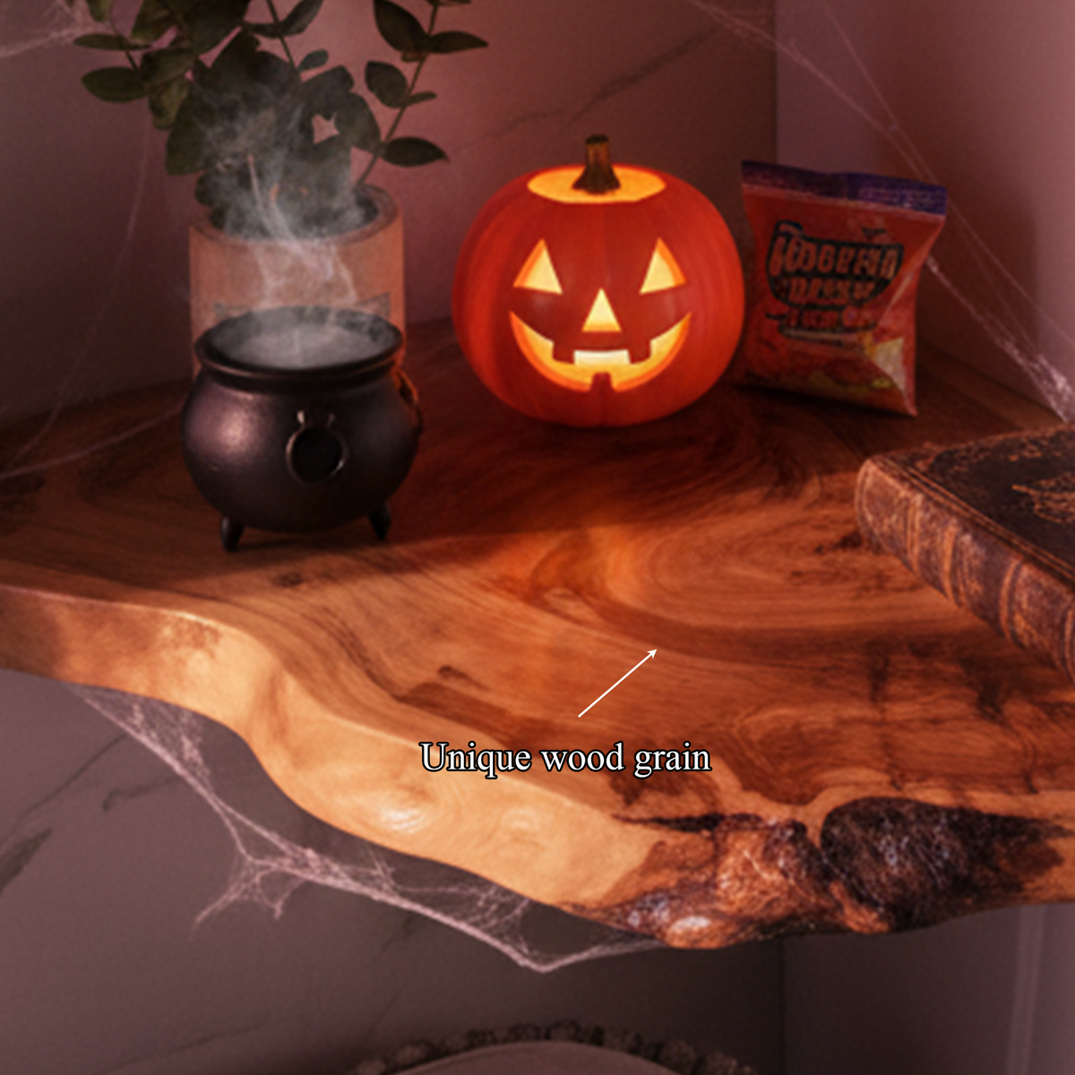 Mid-Century Floating Shelf, Rustic Wooden Tree Branch Wall Mounted Accent Shelf, Spooky Halloween Living Room Decor