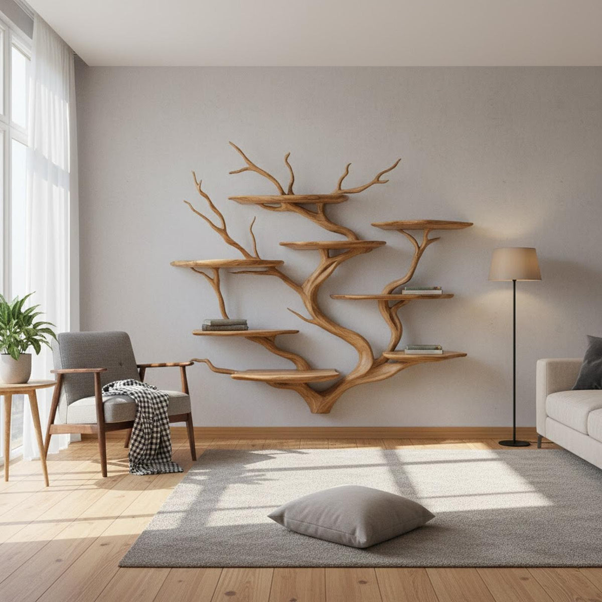 Sculpture Style Wooden Wall Shelf, Artistic Branch Shaped Floating Bookshelf for Living Room, Studio & Reading Room
