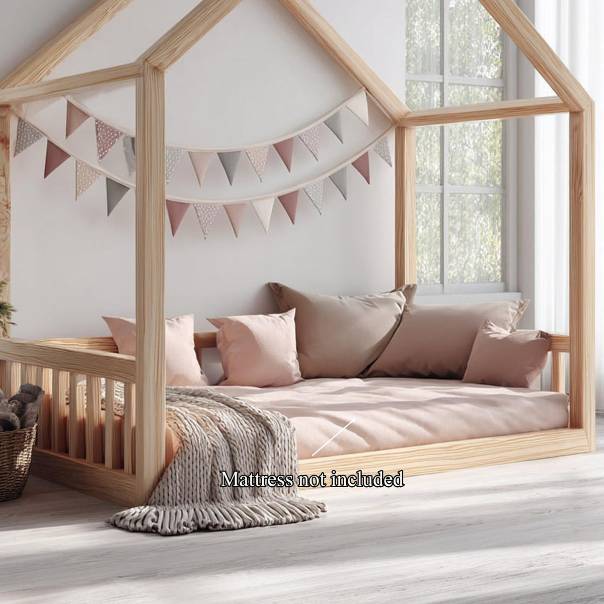 Spry Interior Scandinavian Montessori Floor House Bed, Solid Wood Kids Bed Frame, Wooden Playhouse Cottage Bed for Toddlers SINLKIWB59