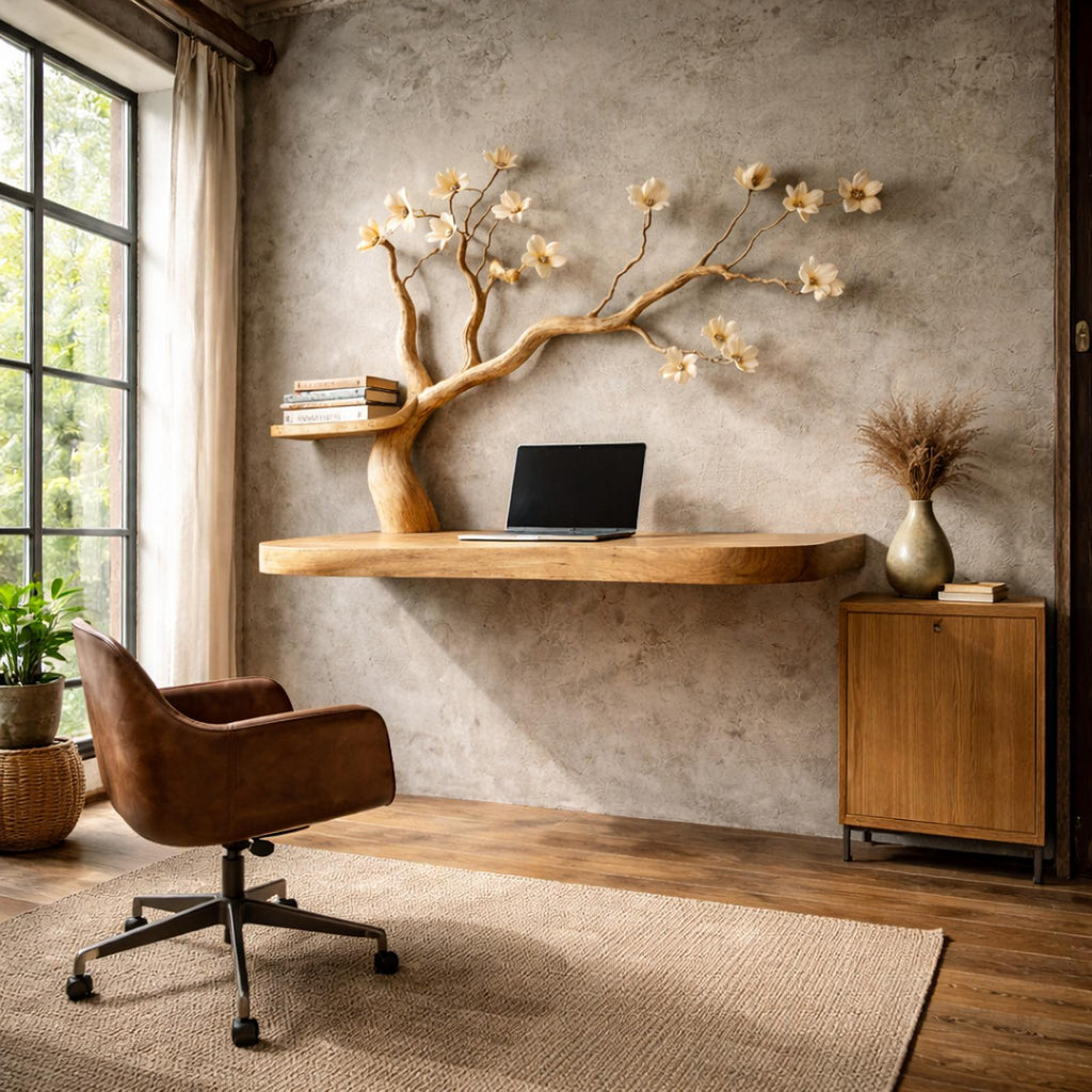 Organic Artistic Floating Desk With Floral Tree Sculpture For Home Office