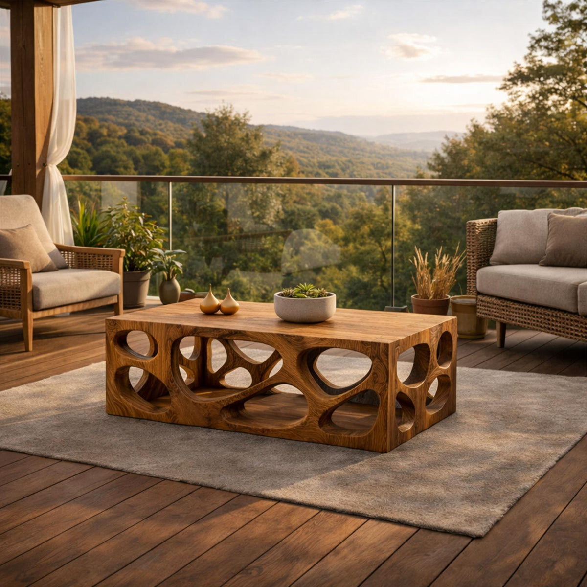 Architectural Carved Solid Wood Coffee Table Organic Void Design Statement Living Room Interior