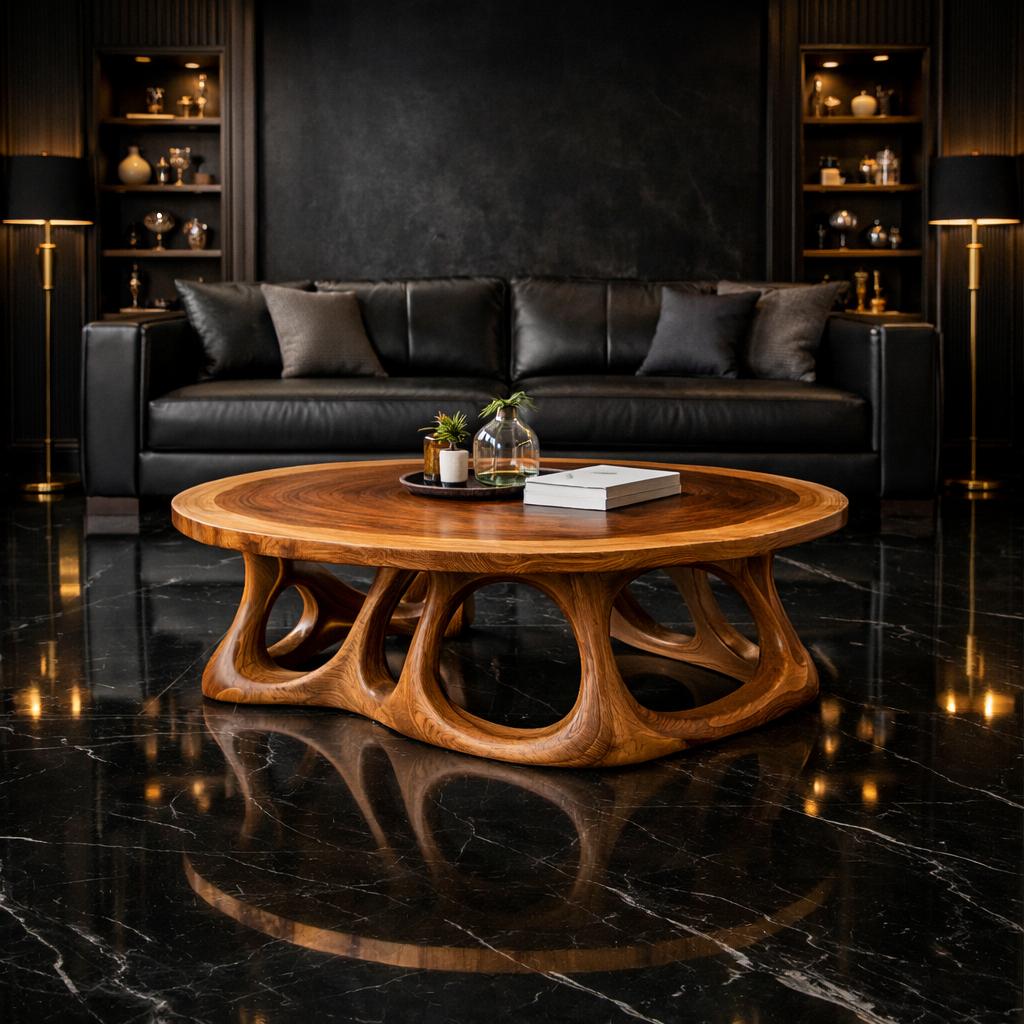 Round Sculpted Solid Wood Coffee Table, Organic Balance Accent Center Table for Modern Living Room Interior