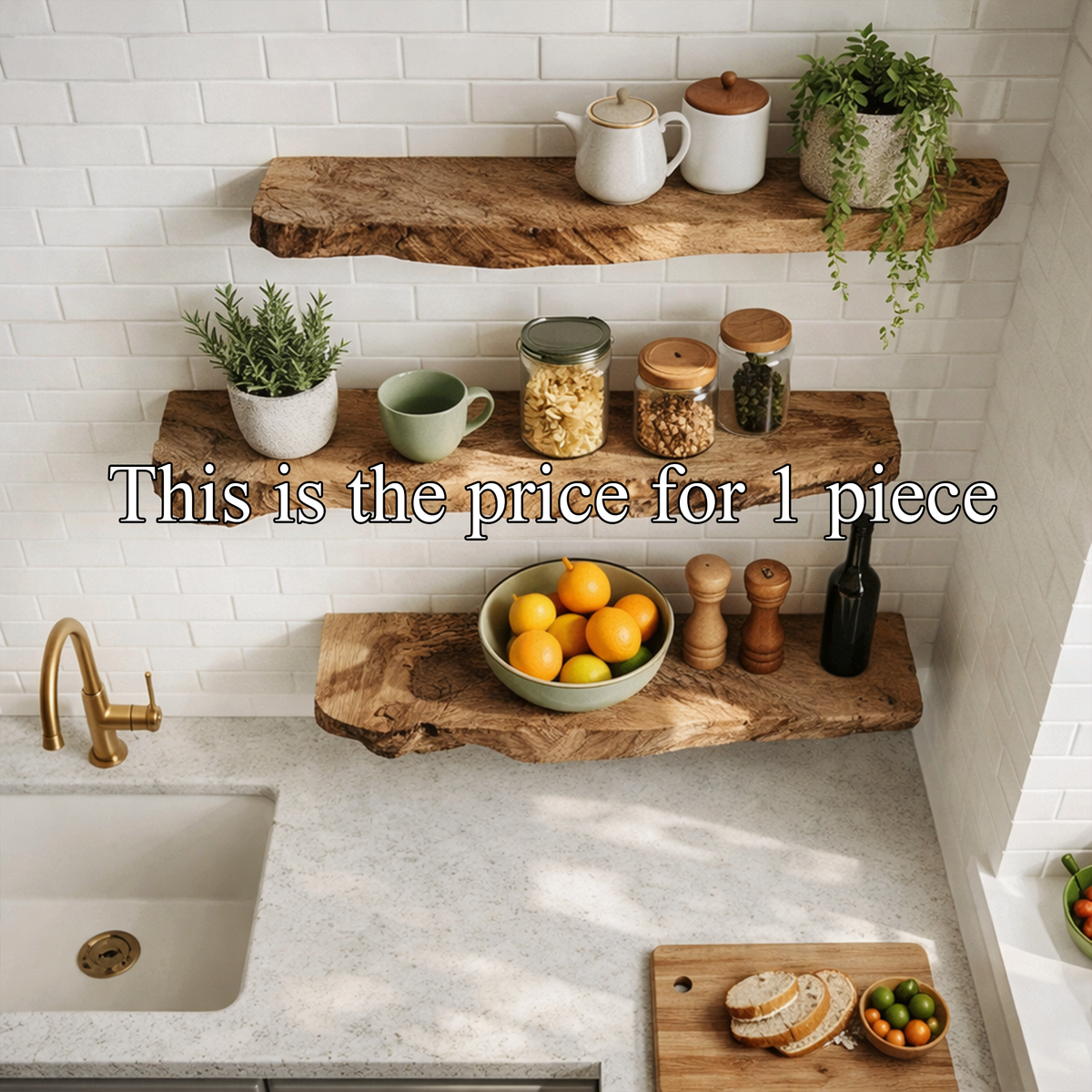 Modern Natural Slab Floating Kitchen Shelves, Solid Wood Wall Hanging Display Ledges, Heavy Duty Pantry Storage