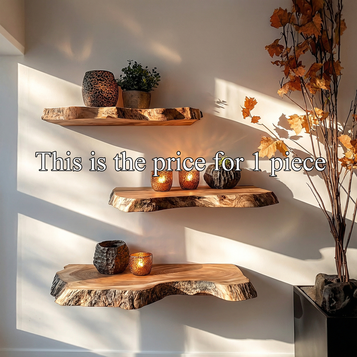 Modern Thick Live Edge Floating Wall Shelves, Chunky Solid Wood Slab Floating Shelves for Kitchen, Bathroom & Plants
