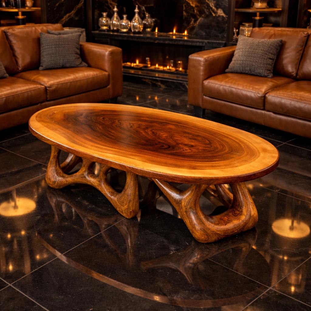 Sculpted Live Edge Solid Wood Coffee Table Organic Arch Silhouette Warm Contemporary Living Room Interior SINLKICF302