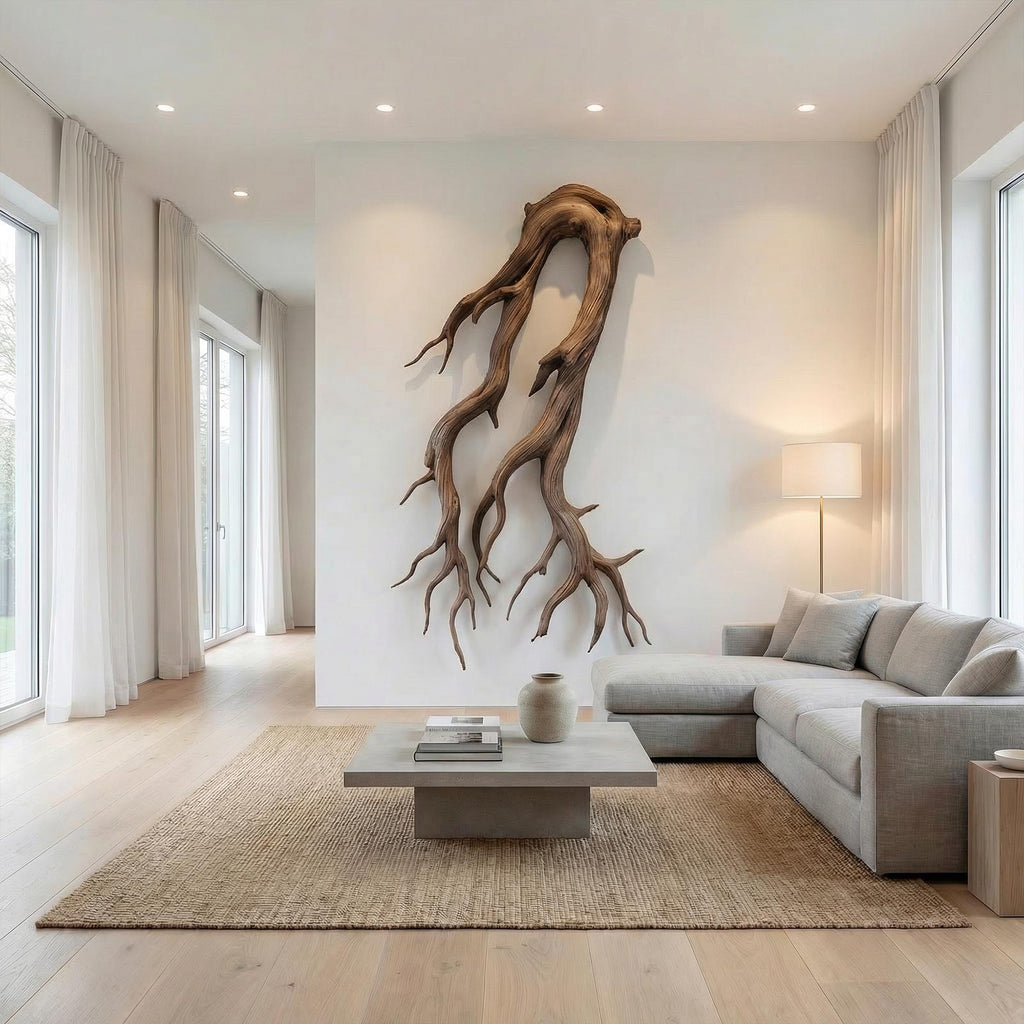 Rustic Root Wood Wall Sculpture, Handcrafted Natural Teak Hanging Art for Living Room & Entryway