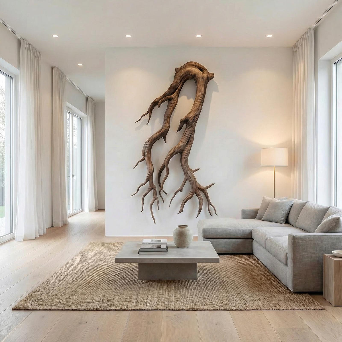 Rustic Root Wood Wall Sculpture, Handcrafted Natural Teak Hanging Art for Living Room & Entryway