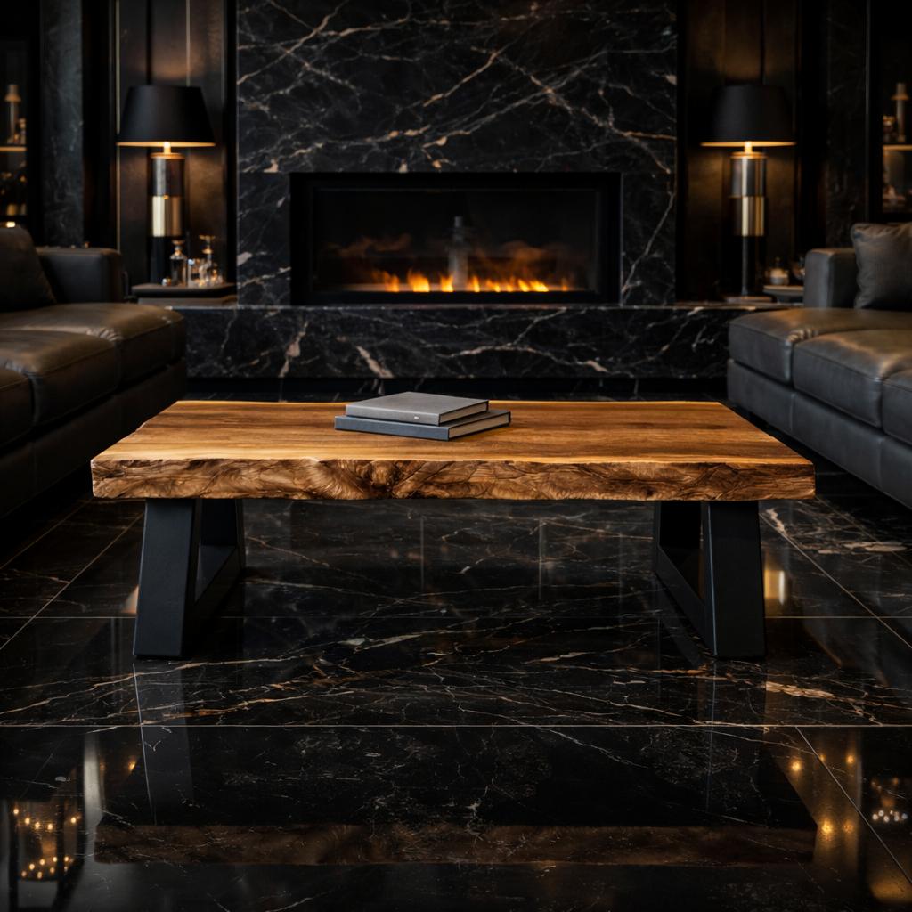 Industrial Live Edge Solid Wood Coffee Table Bold Contrast Black Base Modern Living Room Interior