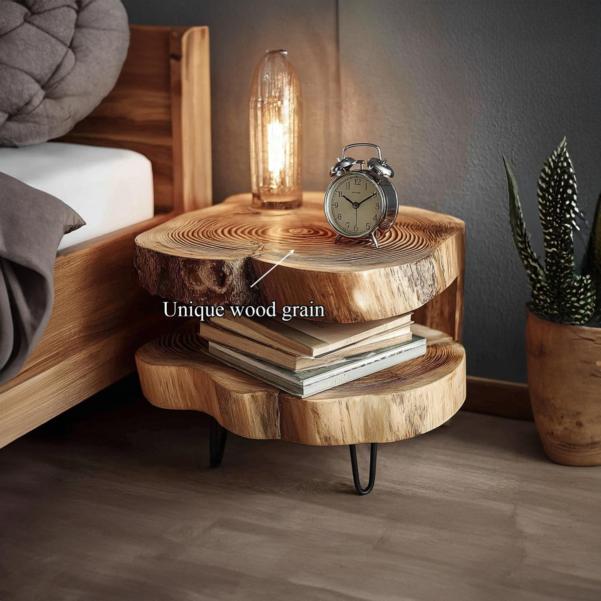 Rustic Solid Wood Bedside Table, Handcrafted Natural Wood Nightstand for Bedroom, Accent End Table with Metal Legs