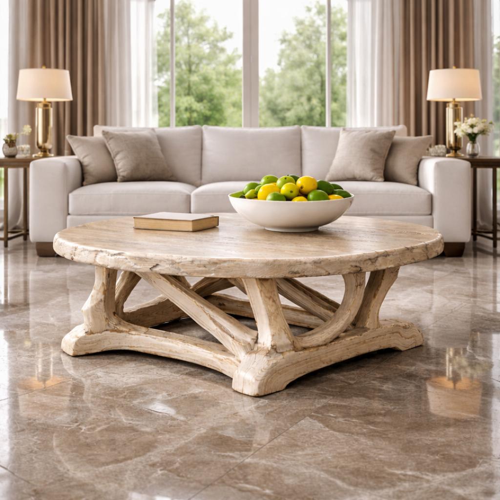 Handcrafted Driftwood Style Round Coffee Table Sculptural Coastal Living Room Interior