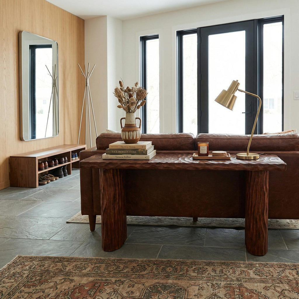 Rustic Textured Solid Wood Console Table, Sofa Back Narrow Entryway & Hallway Display Table