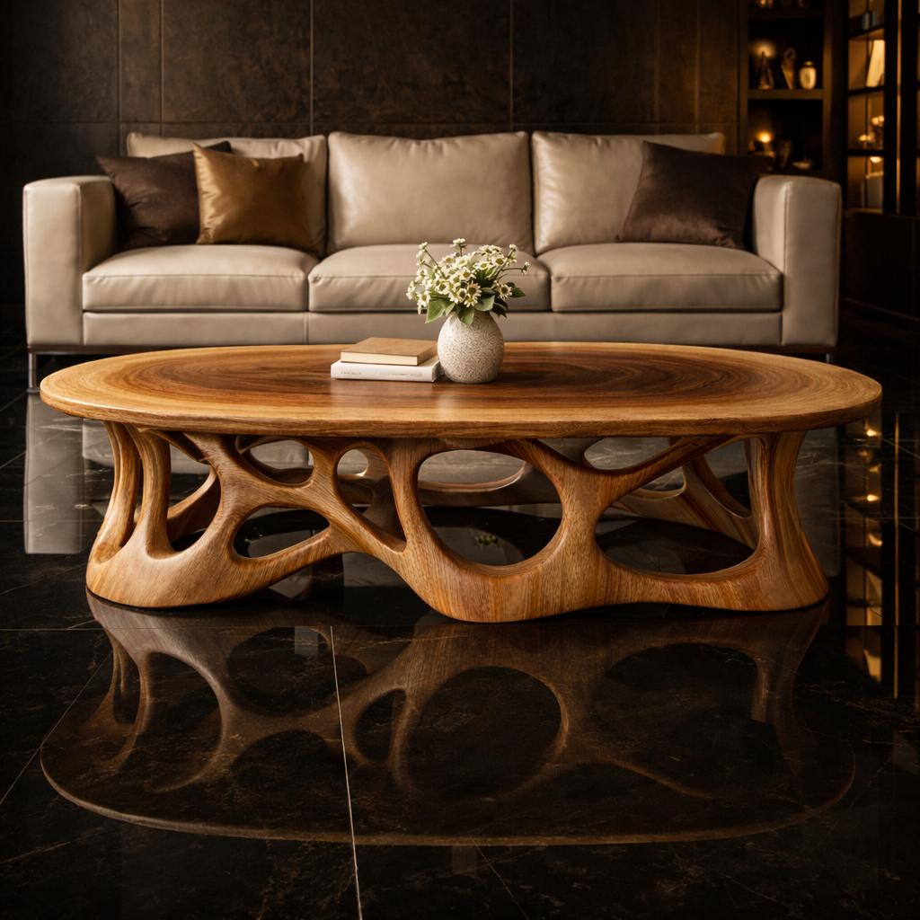 Spry Interior Sculpted Oval Solid Wood Coffee Table, Organic Flow Center Table for Mid-Century Modern Living Room Decor, SINLKICF306