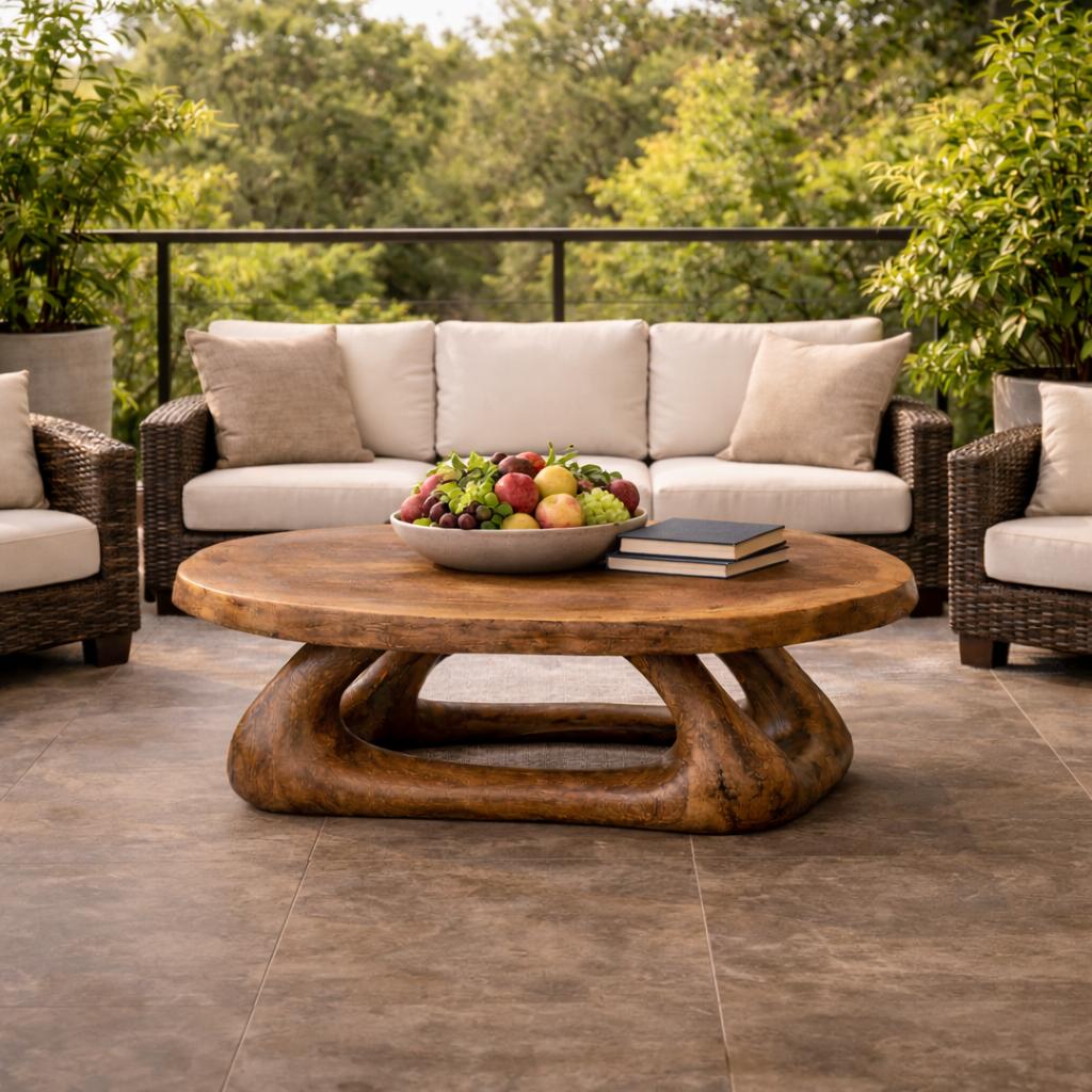 Curved Sculptural Solid Wood Coffee Table, Artistic Statement Center Table for Luxury Modern Living Room Interior