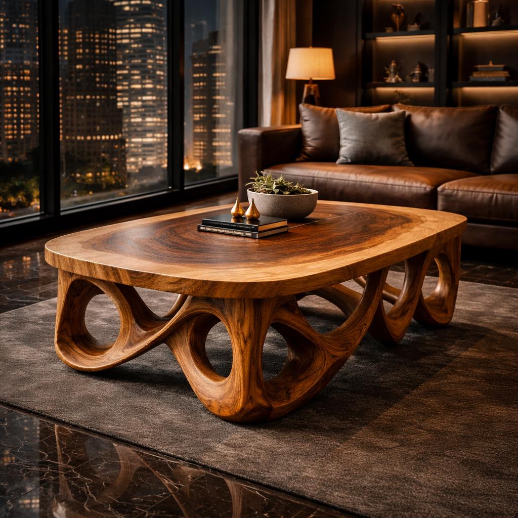 Spry Interior Urban Sculpted Solid Wood Coffee Table, Flowing Arch Base Modern Center Table for Living Room Home Decor, SINLKICF301