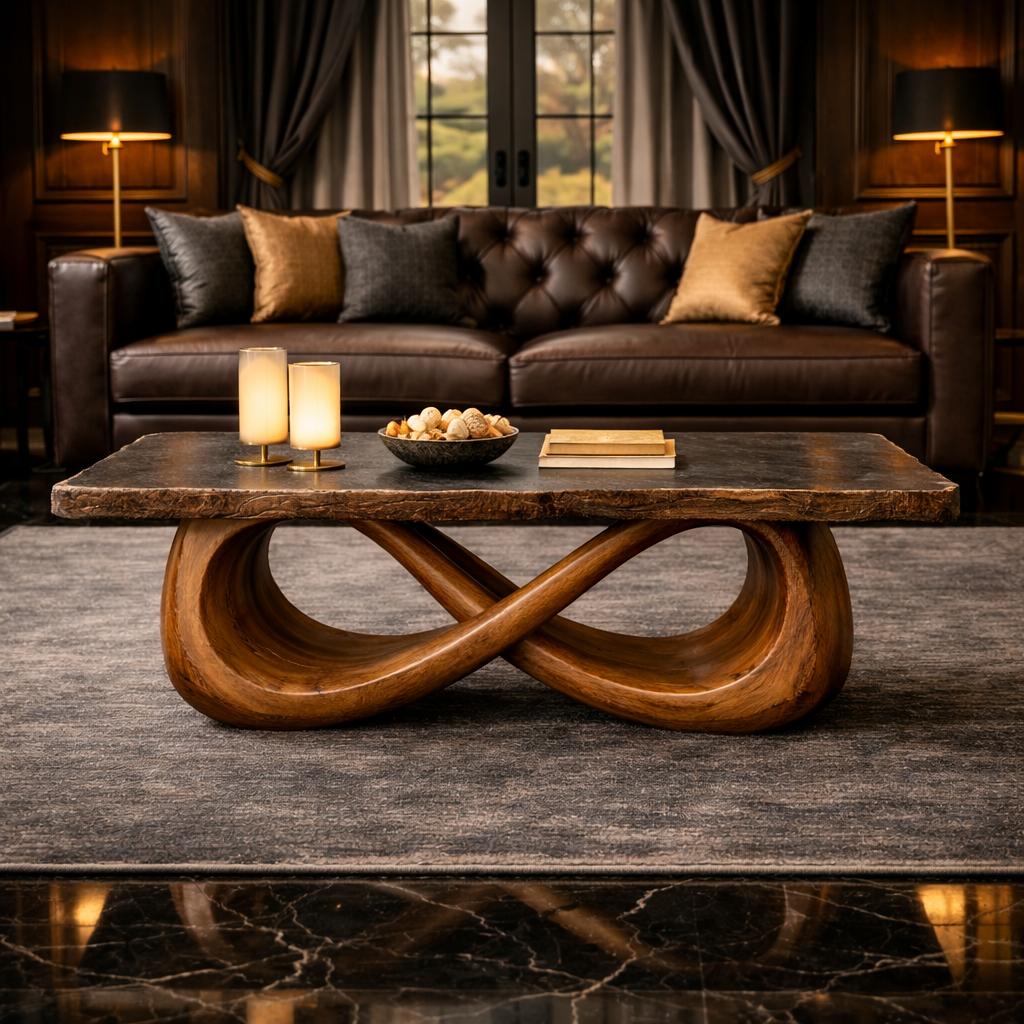 Spry Interior Sculptural Loop Solid Wood Coffee Table, Warm Modern Abstract Center Table for Luxury Living Room Interiors, SINLKICF308
