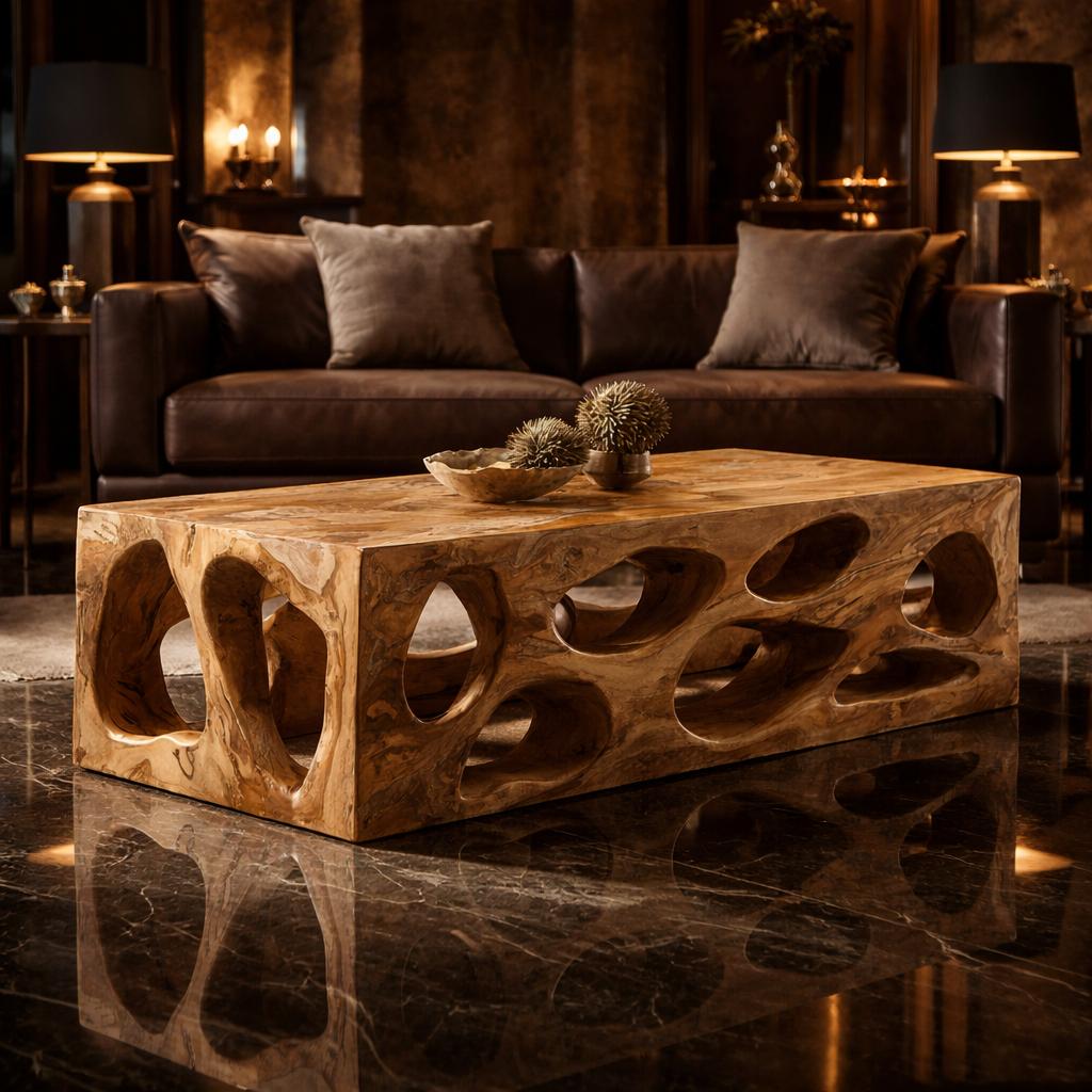 Organic Hollow Carved Solid Wood Coffee Table, Sculptural Statement Center Table for Warm Living Room Interior