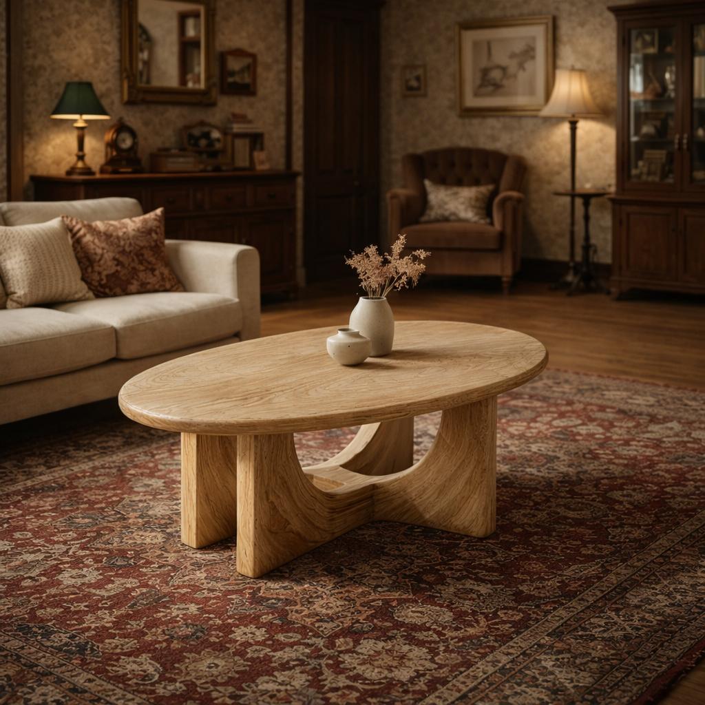 Serene Sculptural Solid Wood Coffee Table, Flowing Base Accent Center Table for Modern Living Room Harmony