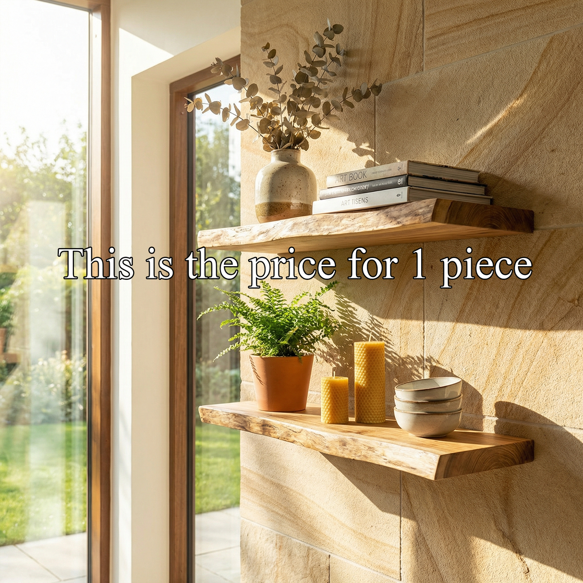 Modern Natural Oak Floating Wall Shelves, Minimalist Solid Wood Display Ledges for Bedroom, Living Room & Plants