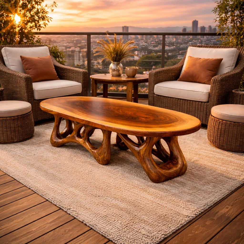 Sculpted Live Edge Solid Wood Coffee Table Organic Arch Silhouette Warm Contemporary Living Room Interior SINLKICF302