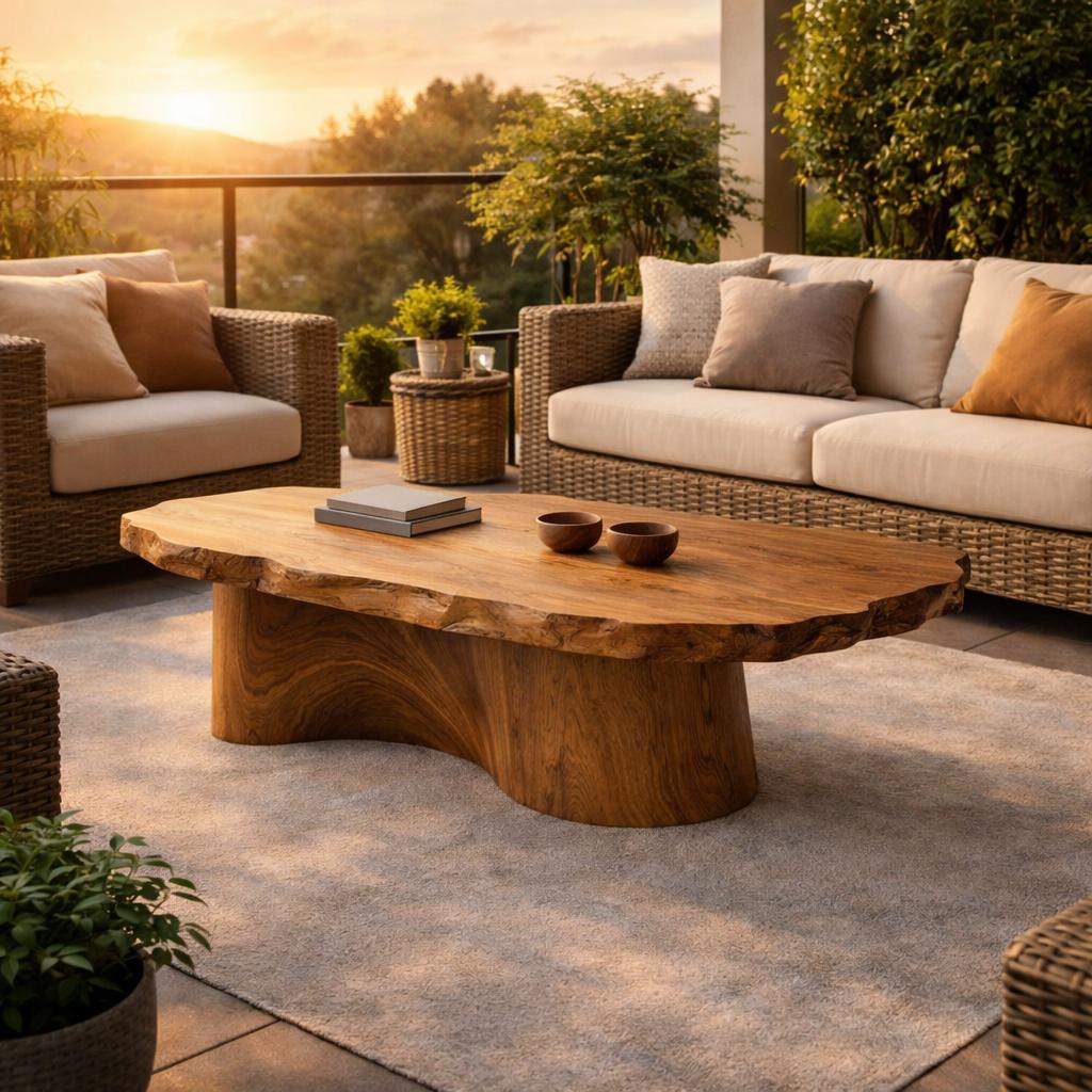 Soft Edge Organic Solid Wood Coffee Table, Sculpted Base Serene Center Table for Modern Living Room Interior