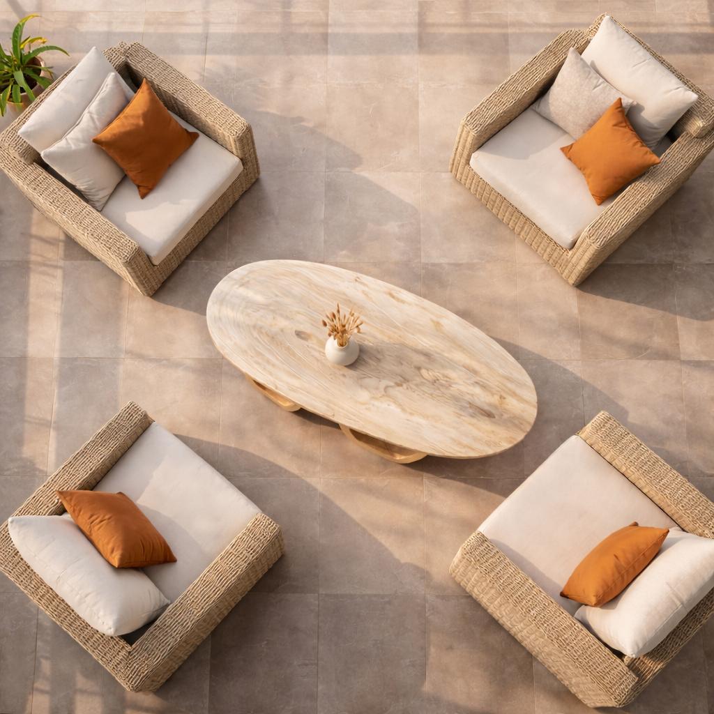 Elegant Oval Solid Wood Coffee Table Sculptural Twin Base Calm Modern Living Room Interior