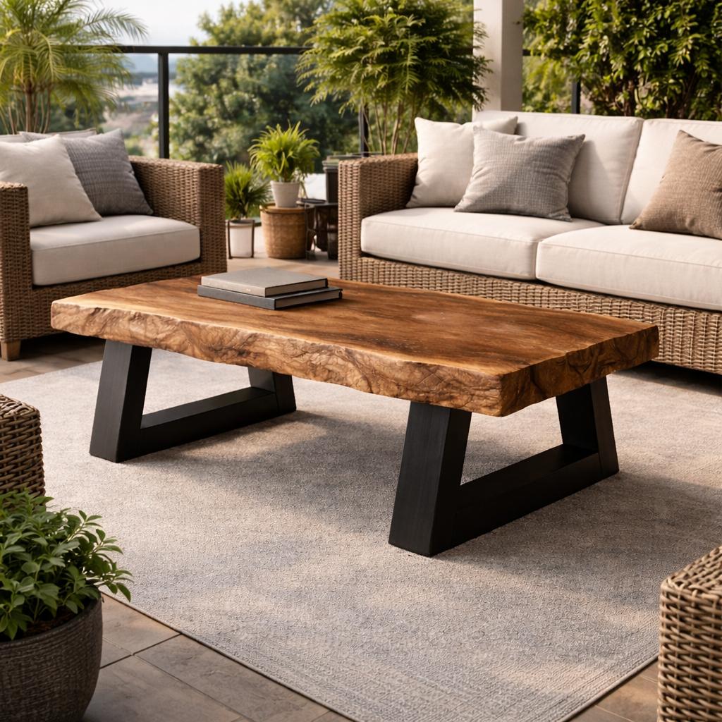 Industrial Live Edge Solid Wood Coffee Table Bold Contrast Black Base Modern Living Room Interior