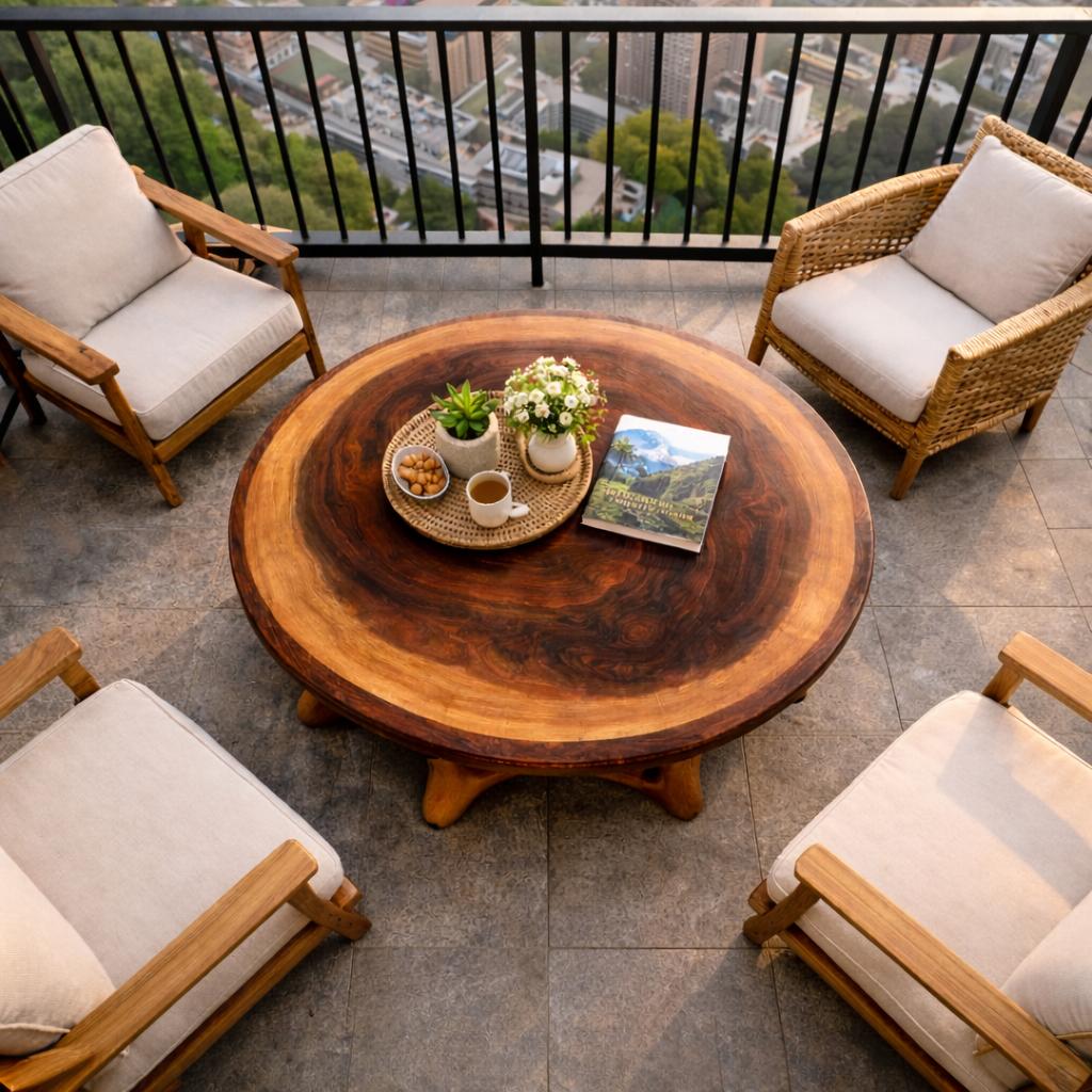 Round Sculptural Solid Wood Coffee Table Organic Base Modern Living Room Interior SINLKICF305