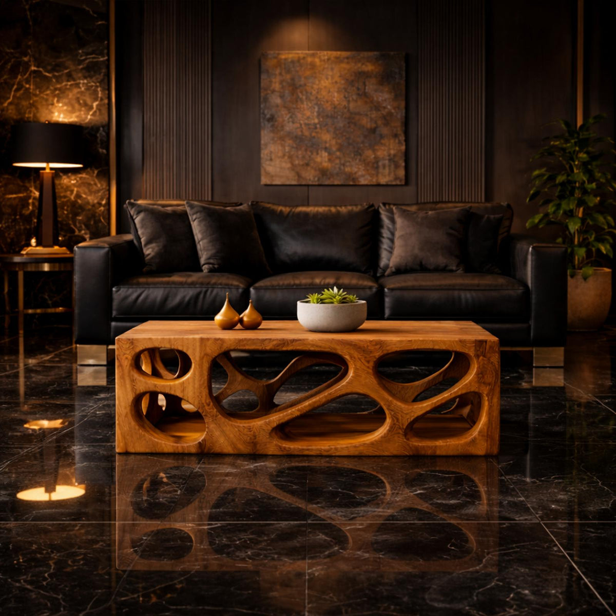 Architectural Carved Solid Wood Coffee Table Organic Void Design Statement Living Room Interior
