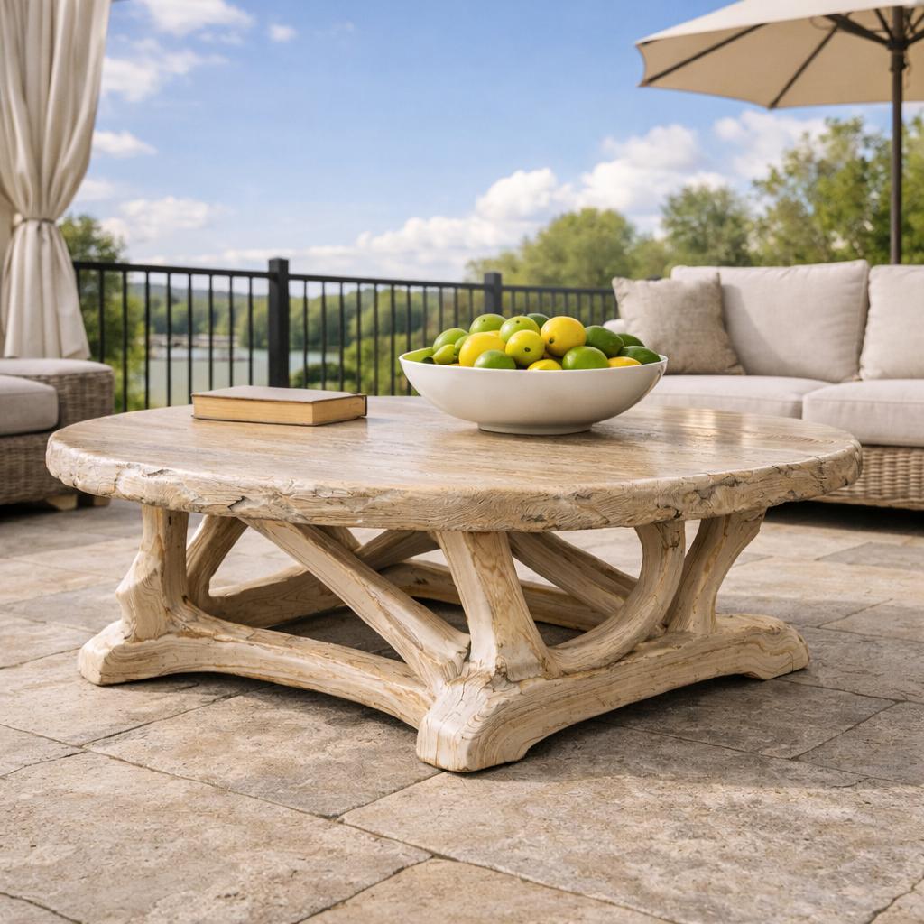 Handcrafted Driftwood Style Round Coffee Table Sculptural Coastal Living Room Interior