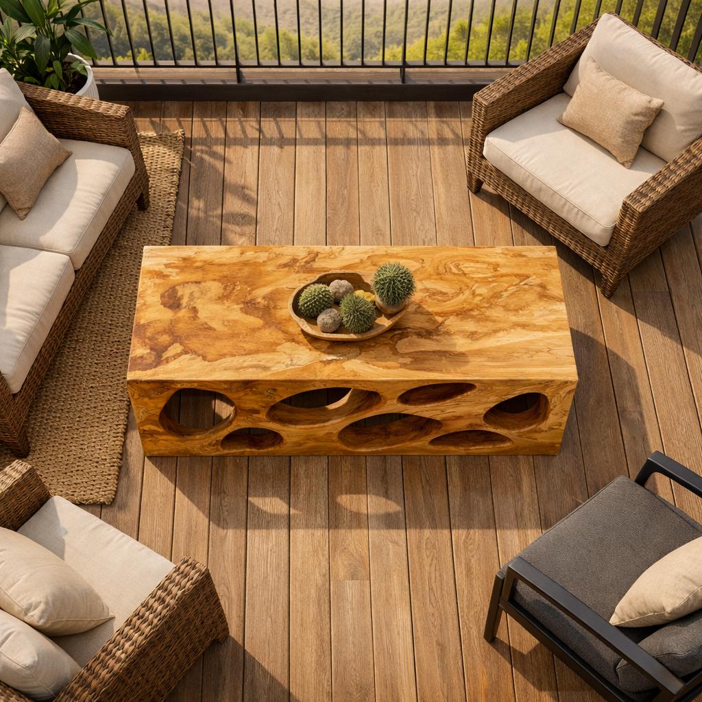 Organic Hollow Carved Solid Wood Coffee Table, Sculptural Statement Center Table for Warm Living Room Interior