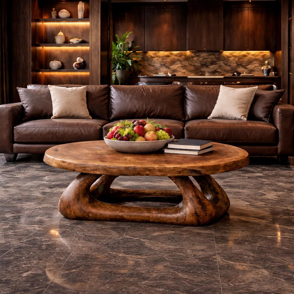 Curved Sculptural Solid Wood Coffee Table, Artistic Statement Center Table for Luxury Modern Living Room Interior