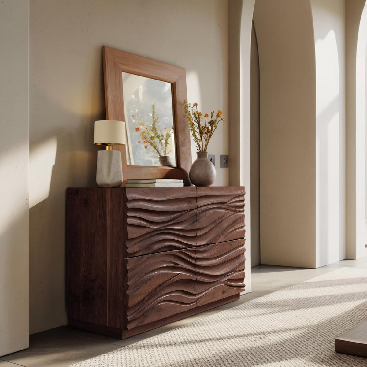 Handcrafted Sideboard with Carved Wave Design, Solid Wood Credenza Storage Cabinet for Living Room Decor, Model