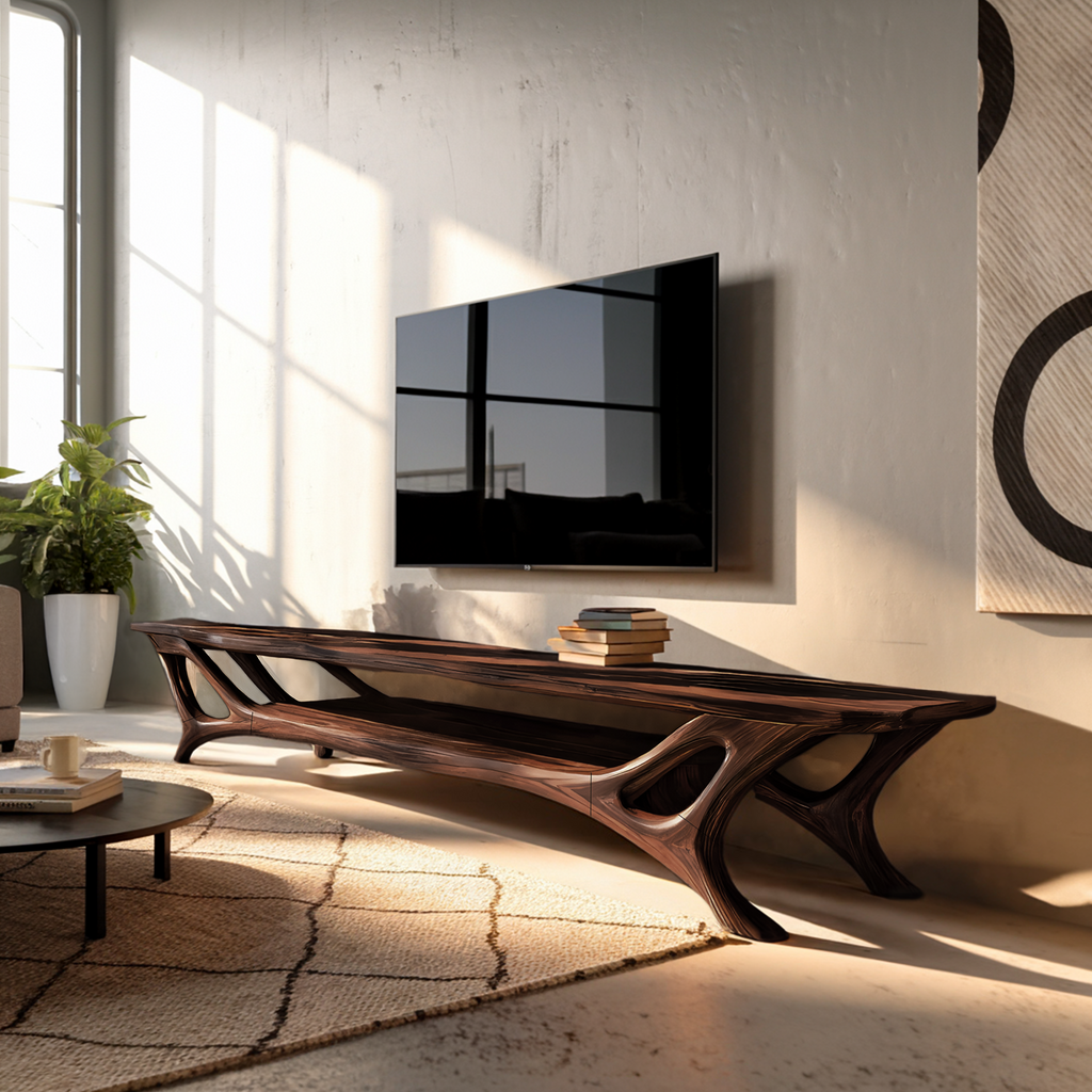 Curved Wood TV Stand for Contemporary Living Room, Modern Sculptural Media Console Credenza Entertainment Center