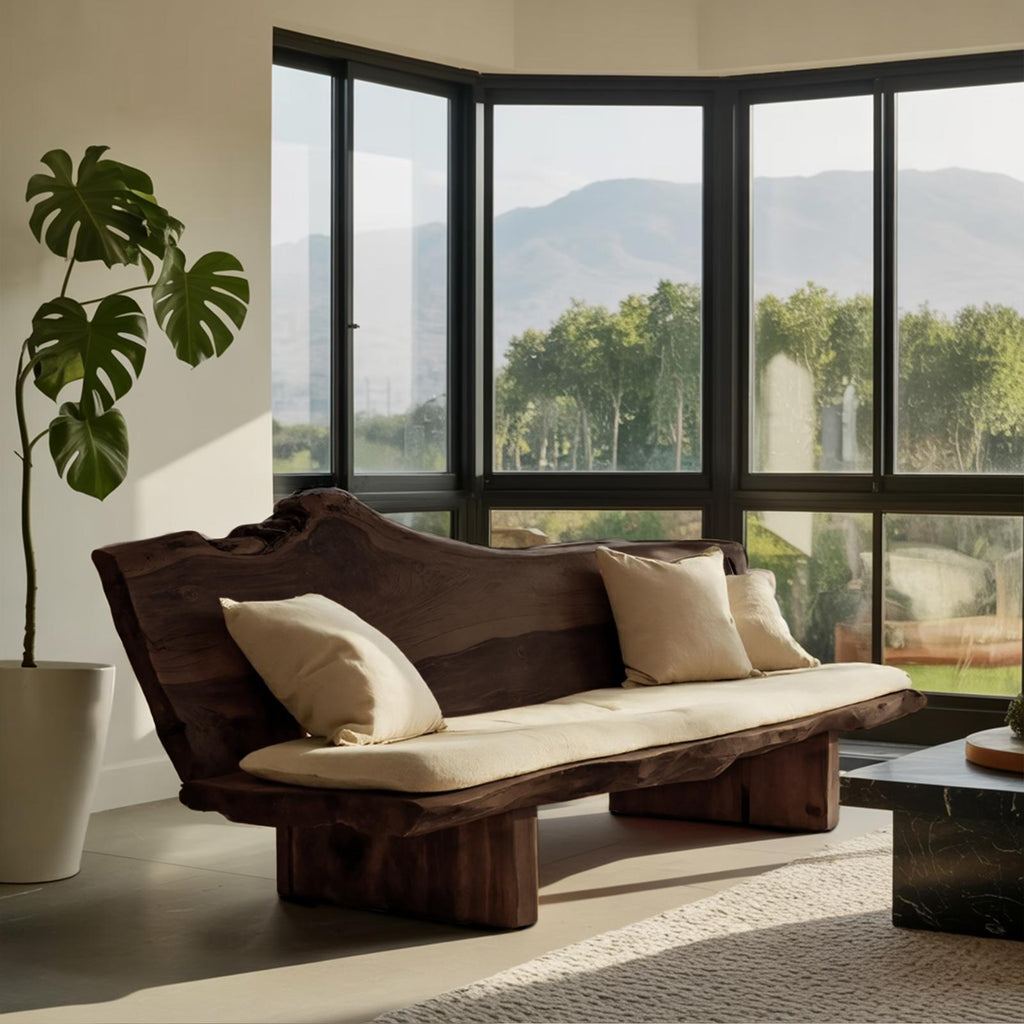 Organic Wood Sofa with Natural Live Edge Design, Rustic Modern Timber Settee Couch for Living Room