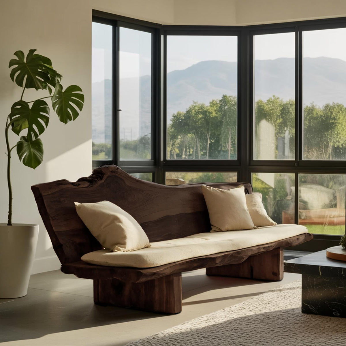 Organic Wood Sofa with Natural Live Edge Design, Rustic Modern Timber Settee Couch for Living Room