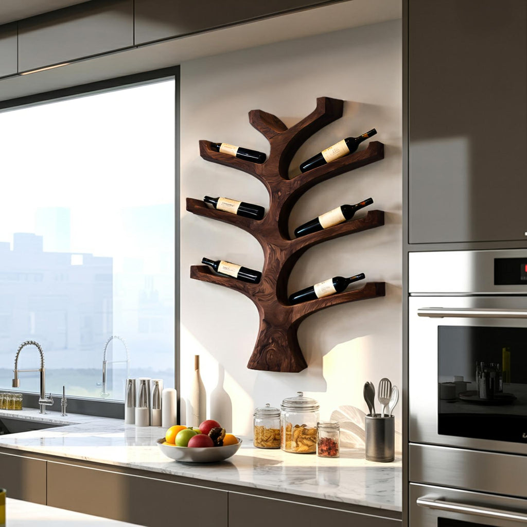 Rustic Wall Mounted Tree Branch Wine Rack, Solid Wood Bottle Holder for Kitchen & Dining Wall Decor