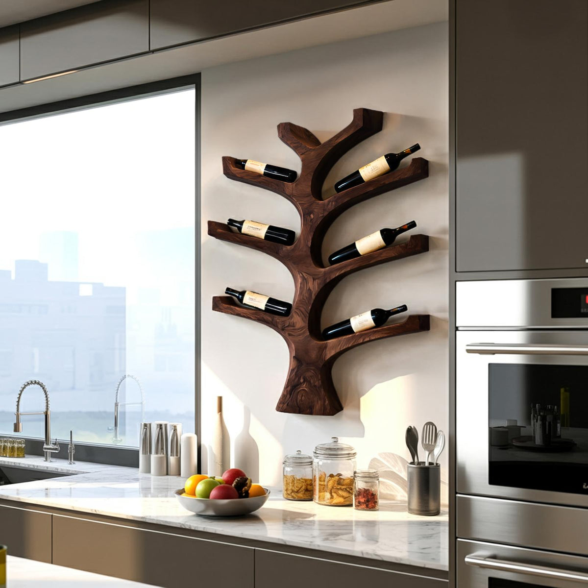 Rustic Wall Mounted Tree Branch Wine Rack, Solid Wood Bottle Holder for Kitchen & Dining Wall Decor