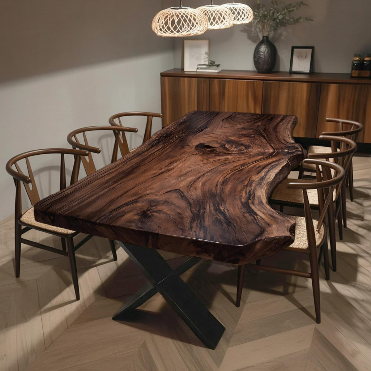 Spry Interior Modern Live Edge Dining Table, Natural Grain Solid Wood Kitchen & Dining Room Table, SILDTTRDN021