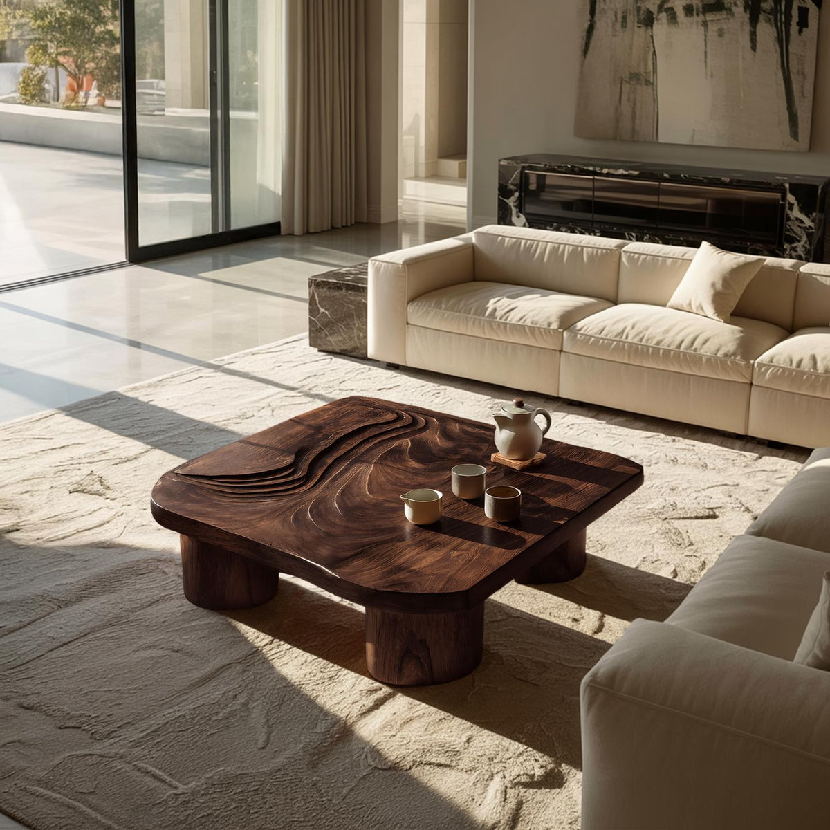 Handcrafted Abstract Solid Wood Coffee Table, Modern Sculptural Low Accent Table for Entryway & Living Room