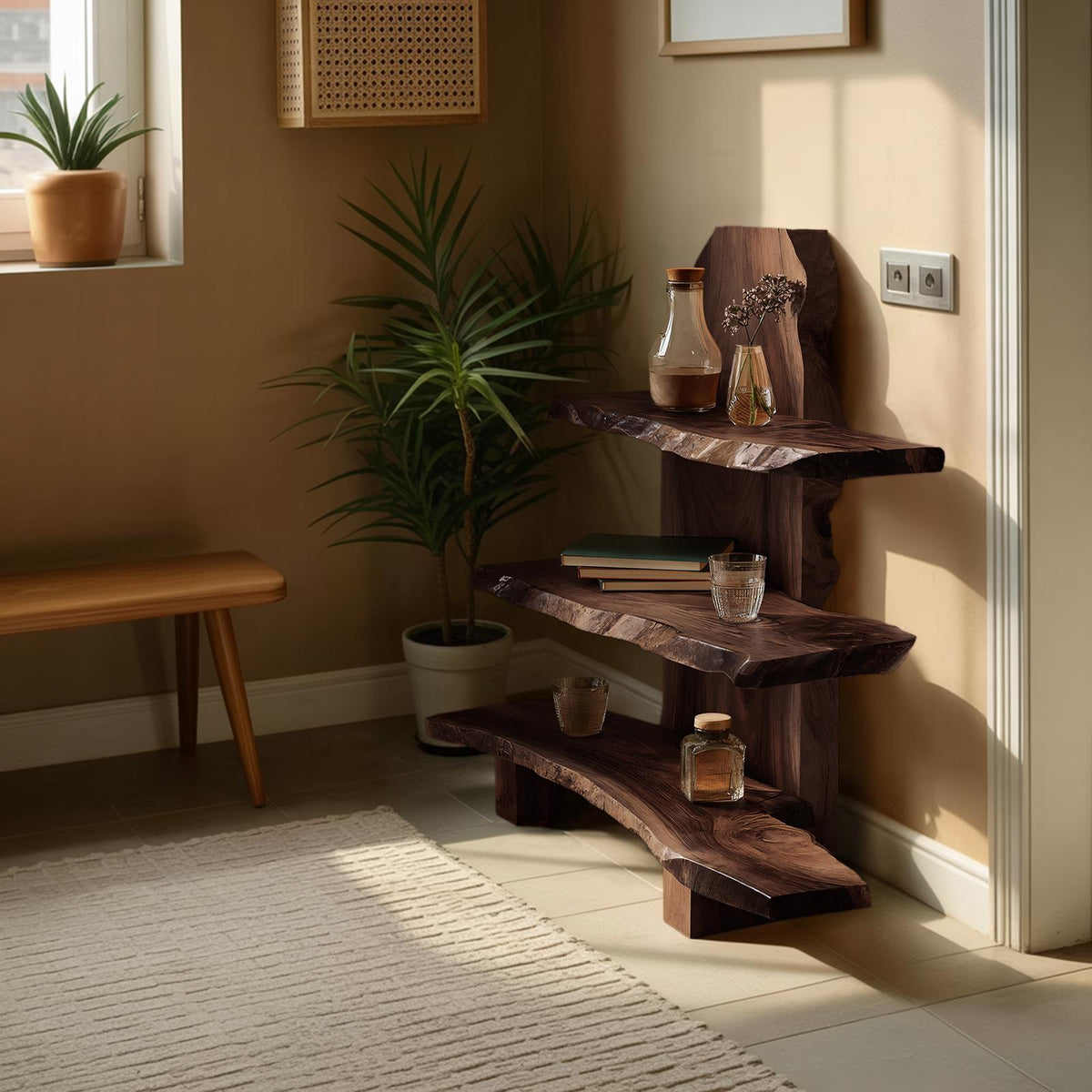 Contemporary Handmade Wooden Spice Shelf, Solid Wood Kitchen Storage & Countertop Display Rack