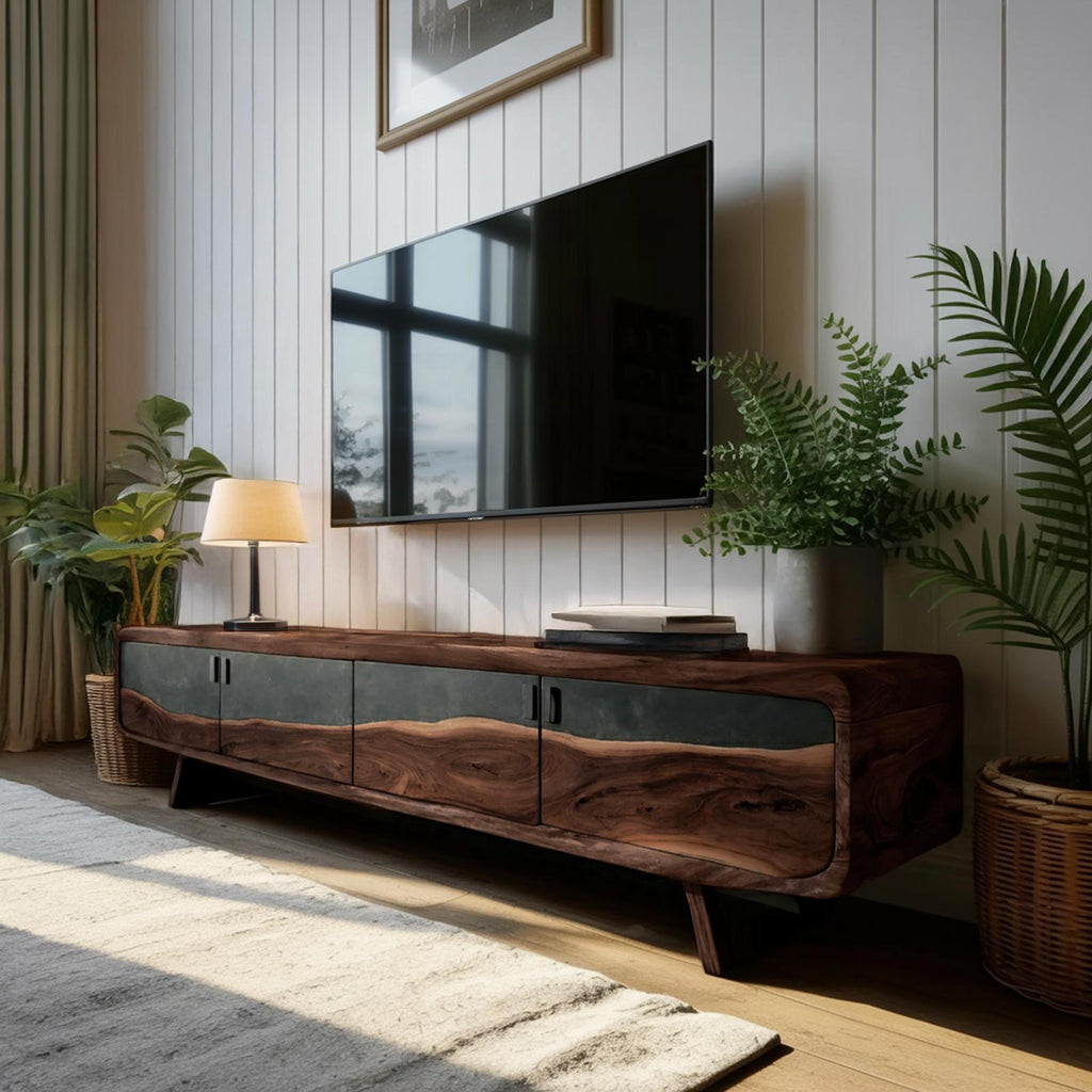 Handcrafted Live Edge TV Console, Natural Slab Wood Entertainment Center & Rustic Media Stand Cabinet