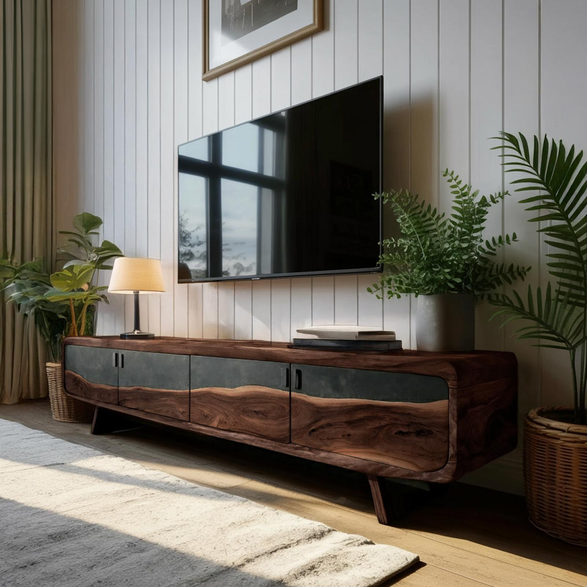 Handcrafted Live Edge TV Console, Natural Slab Wood Entertainment Center & Rustic Media Stand Cabinet