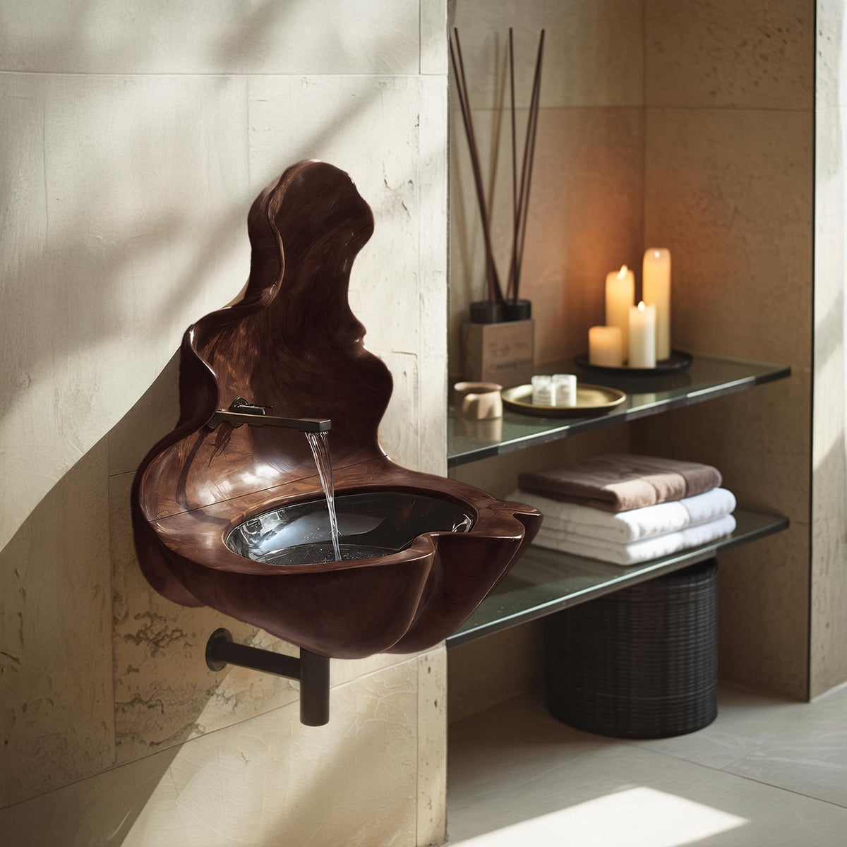 Handcrafted Live Edge Wooden Vessel Sink Basin, Artistic Teak Wood Bowl Vanity Decor for Luxury Bathroom