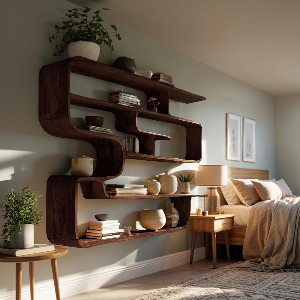 Rustic Live Edge Wood Shelving Unit, Floating Wall-Mounted Display Bookshelf & Storage Organizer Rack for Living Room