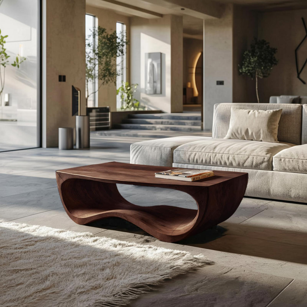 Artistic Sculptural Curved Coffee Table, Handcrafted Solid Wood Center Table for Modern Living Room Lounge, Model